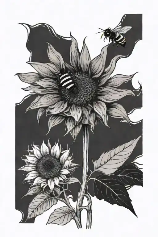 one sunflower with stem with bee flying and I love you more tattoo design idea