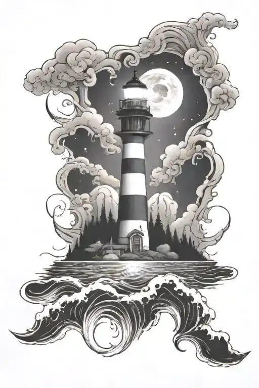 Ocean waves crashing, forest mountains, light house with northern lights in the sky  tattoo design idea