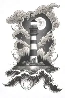 Ocean waves crashing, forest mountains, light house with northern lights in the sky  tattoo design idea