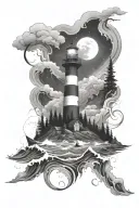 Ocean waves crashing, forest mountains, light house with northern lights in the sky  tattoo design idea