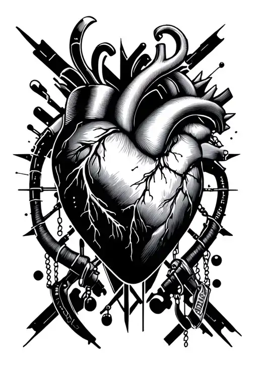 trafalgar law inspired heart tattoo featuring cyber sigilism, minimal lines using tall space tattoo design idea