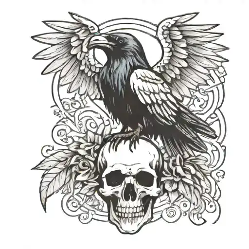 Raven with wings spread on a skull tattoo design idea