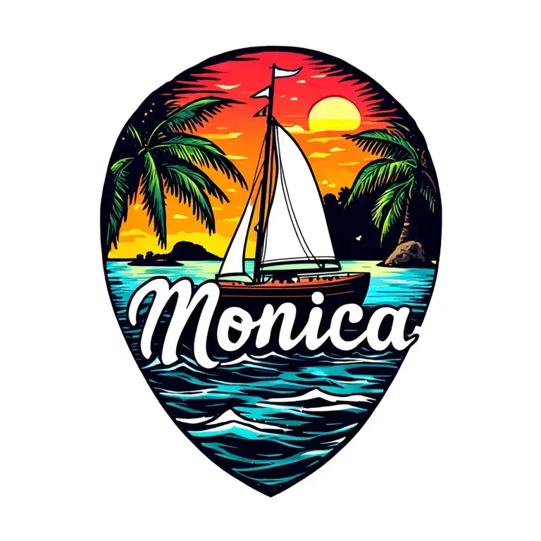 "Monica" white sailboat, background vibrant sunrise, small island palm background.  Bright colors tattoo design idea