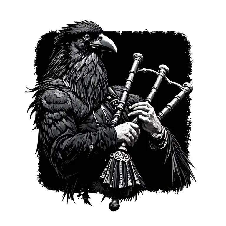  crow muscular with mans face bagpiper playing black bagpipes baldblack beard tattoo design idea
