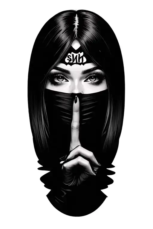 Realistic woman, eyes hidden, finger to lips in 'shh' pose, mysterious and magical aura, black and grey tattoo style." tattoo design idea