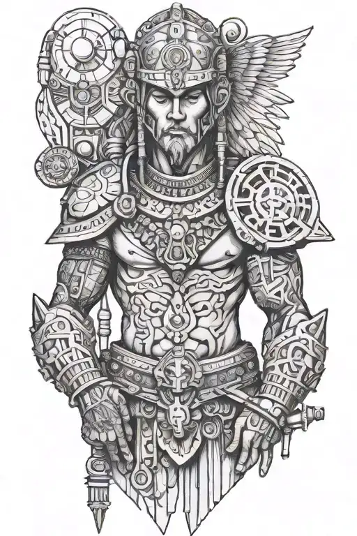 anunaki traveller / warrior holding futuristic object tattoo design idea