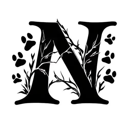 The letter N (cursive with nothing in it  with paw prints walking over it (like a trail) ) tattoo design idea