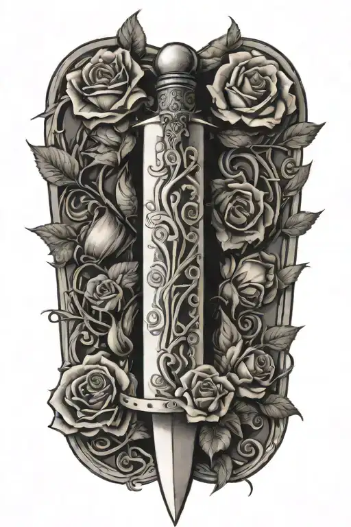 dagger going threw rose and vines wrapped around it with suits of cards etched in the blade  tattoo design idea