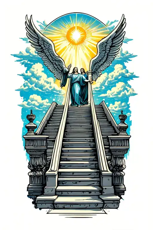 stairway to heaven walking up stairs angels sun rays clouds heaven gate at the top of the stairs  tattoo design idea
