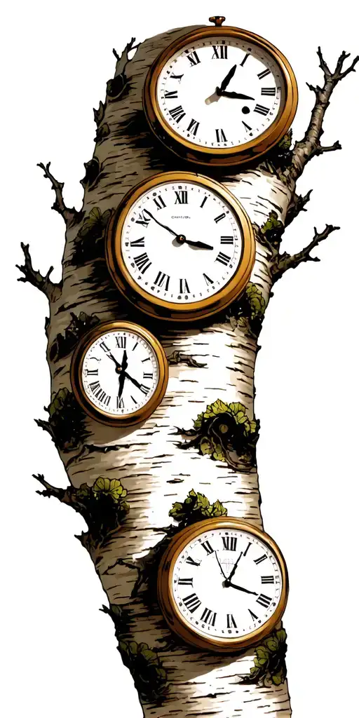 birch tree white branches with exactly 3 clocks tattoo design idea