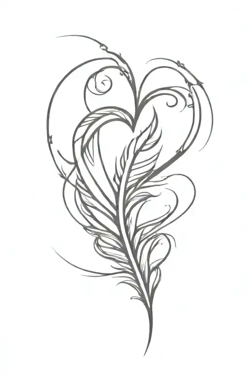 simple single vertical feather scrawling a heart outline tattoo design idea