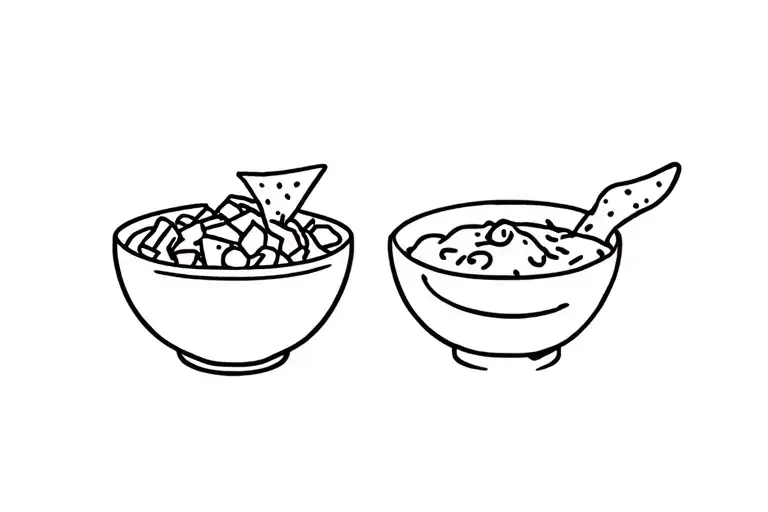Bowl of pico de gallo and bowl of queso with side of chips tattoo design idea