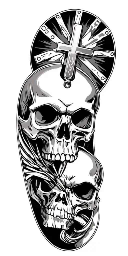 Christianity, skulls and dogtag military theme full sleeve tattoo design idea