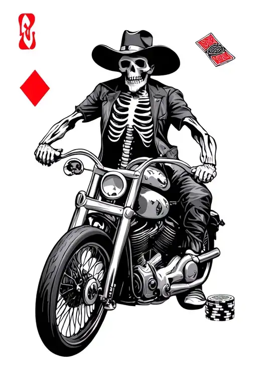 poker chips and cards with western skeleton riding chopper sleeve tattoo design idea