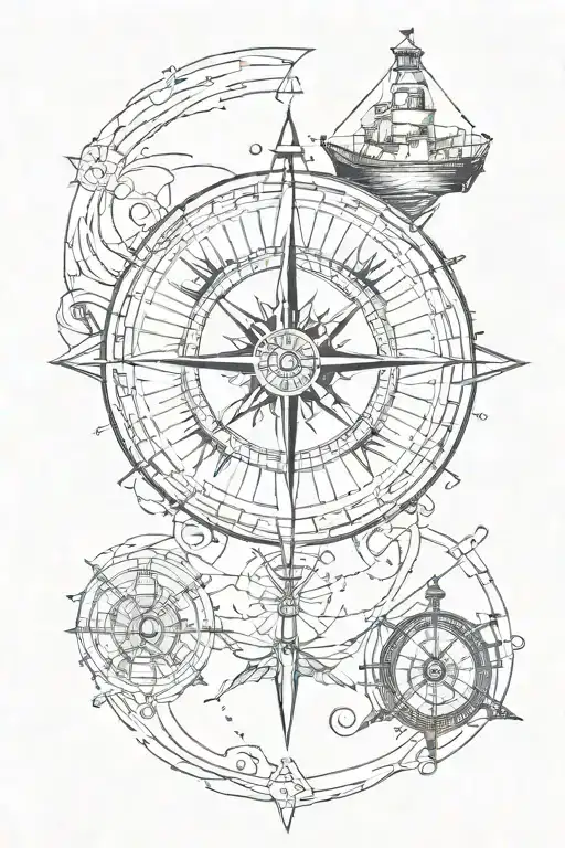 compass with a trident below, a submarine, an anchor with coordinates tattoo design idea