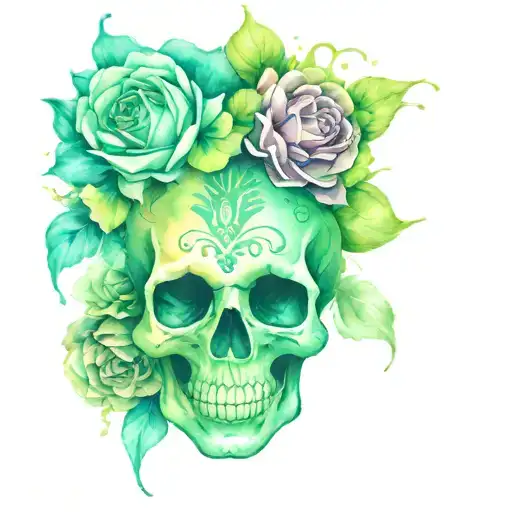 Mexican skull, color full, with green water color around tattoo design idea