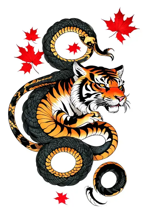 The struggle of the snake and the tiger, with elements of fog and red maple leaves, at the tiger n tattoo design idea