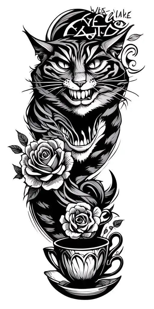 "We are all a little mad" twisted evil cheshire cat with extreme smile, teacup, rose. and moon intertwined  tattoo design idea