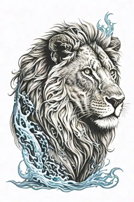 realistic half-length lion with blue eyes and fiery features tattoo design idea