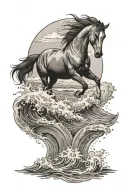 A black-grey tattoo of a serene beach scene with a horse peacefully swimming in the ocean waves tattoo design idea