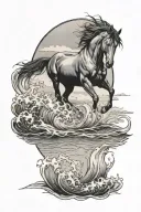 A black-grey tattoo of a serene beach scene with a horse peacefully swimming in the ocean waves tattoo design idea
