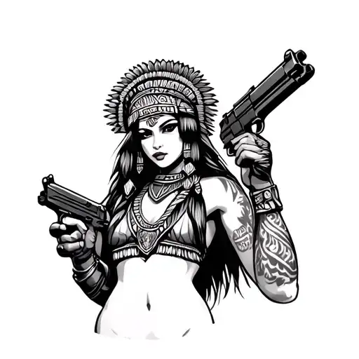 aztec chick with guns tattoo design idea
