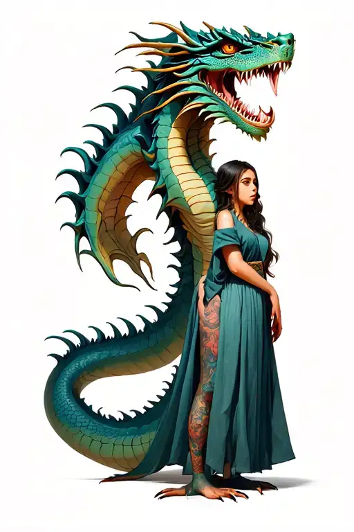 The girl is in full height, wrapped in a dragon. Traps around realism tattoo design idea