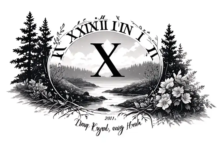 Roman numeral birthdate with surround nature scene tattoo design idea