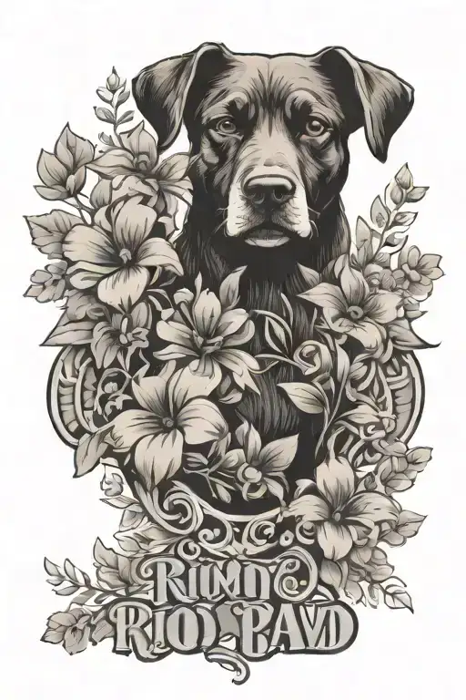 February birth flowers bouquet with dog paw prints and the name rio integrated into it tattoo design idea