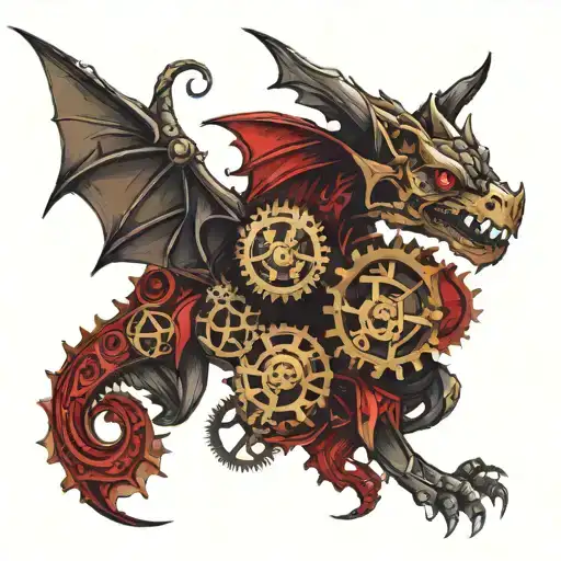 A red dragon with gears and mechanical elements, representing a love for steampunk aesthetics tattoo design idea
