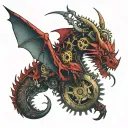 A red dragon with gears and mechanical elements, representing a love for steampunk aesthetics tattoo design idea