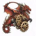 A red dragon with gears and mechanical elements, representing a love for steampunk aesthetics tattoo design idea