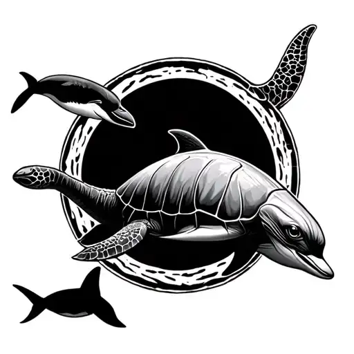 dolphin, turtle, penguin swimming in a circle tattoo design idea
