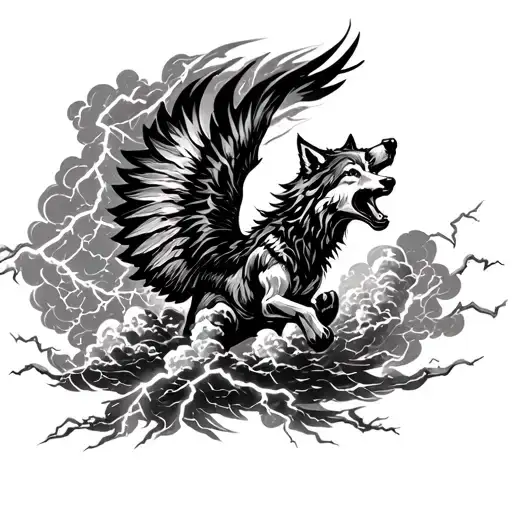 An intricate design of a wolf soaring through stormy clouds with lightning bolts striking around it tattoo design idea