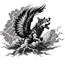 An intricate design of a wolf soaring through stormy clouds with lightning bolts striking around it tattoo design idea