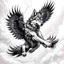 An intricate design of a wolf soaring through stormy clouds with lightning bolts striking around it tattoo design idea
