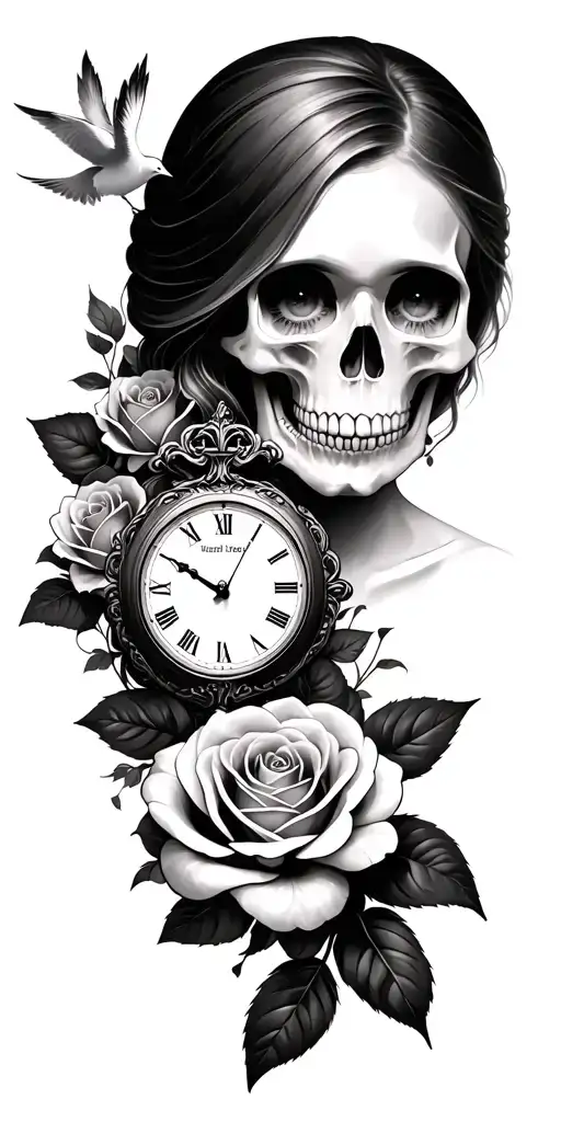 roses, skulls, woman face, sleeve tattoo featuring, dove, clock tattoo design idea