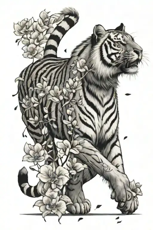 full body tiger walking with flowers and petals falling tattoo design idea