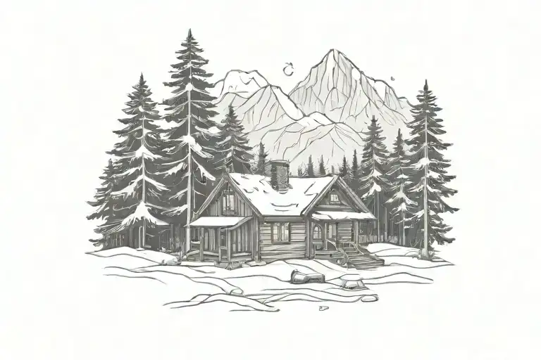 Mountain Scene pine trees cabin snowy tattoo design idea