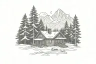 Mountain Scene pine trees cabin snowy tattoo design idea