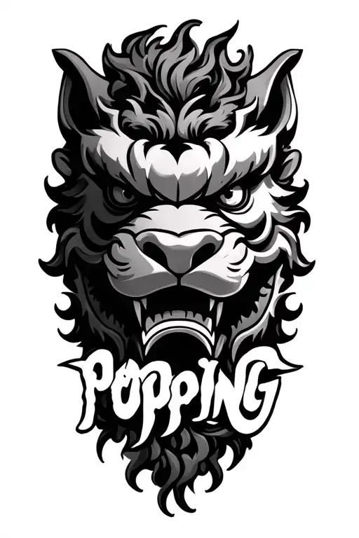 FOO DOG FACE AND POPING WORD tattoo design idea