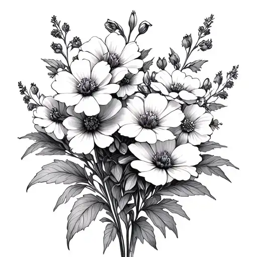 larkspur and cosmos flowers intertwined opposite sides tattoo design idea