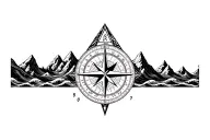 large compass surrounded by intricate geometric mountains and crashing waves, black and white, add triangle frame tattoo design idea