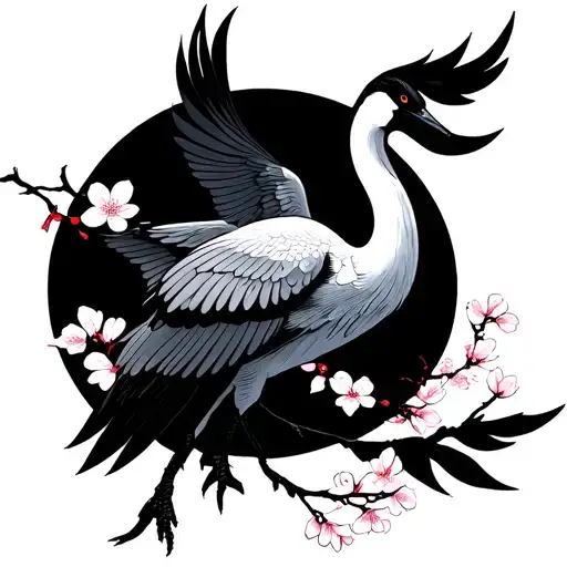 black and grey flying crane with cherry blossoms tattoo design idea