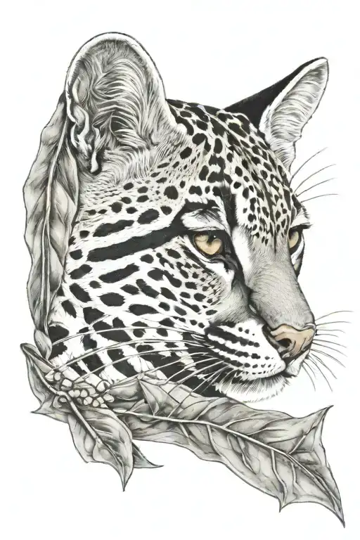 realistic Ocelot half face showing nose sniffing piece of tree eyes closed, tattooed inside a wild leaf, forearm 15cm tattoo design idea