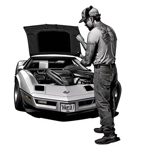 man working on 1980's corvette driving side tattoo design idea