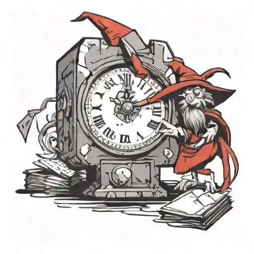 a tiny red cartoon wizard entering a piece of paper into the top of a square analog clock tattoo design idea