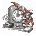 a tiny red cartoon wizard entering a piece of paper into the top of a square analog clock tattoo design idea
