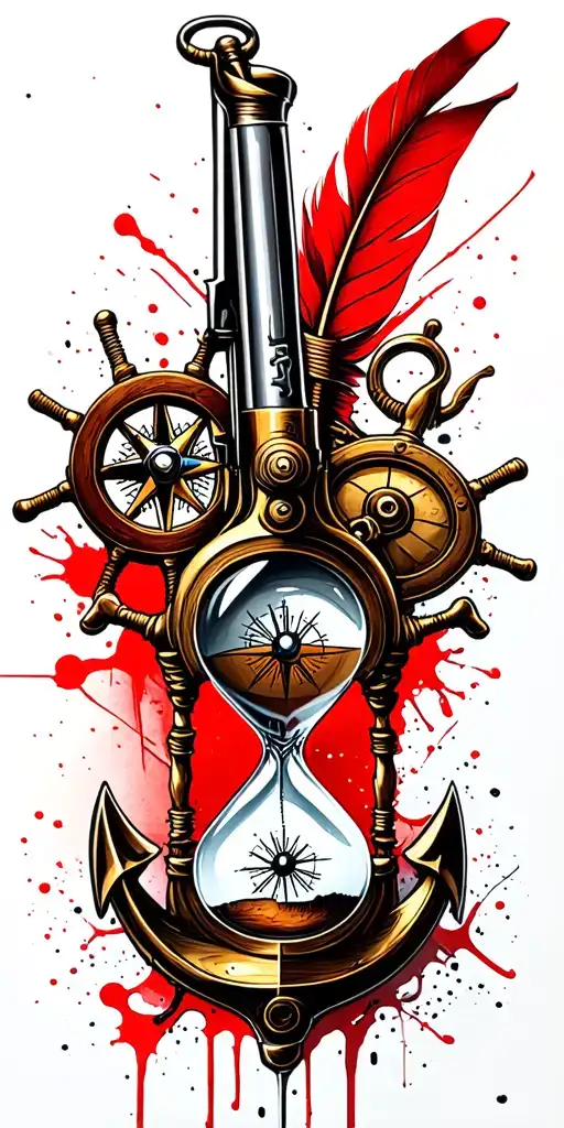 US Navy flintlock pistol, a quill pen, a nautical compass, a fouled anchor, a ship's wheel, and an hourglass tattoo design idea