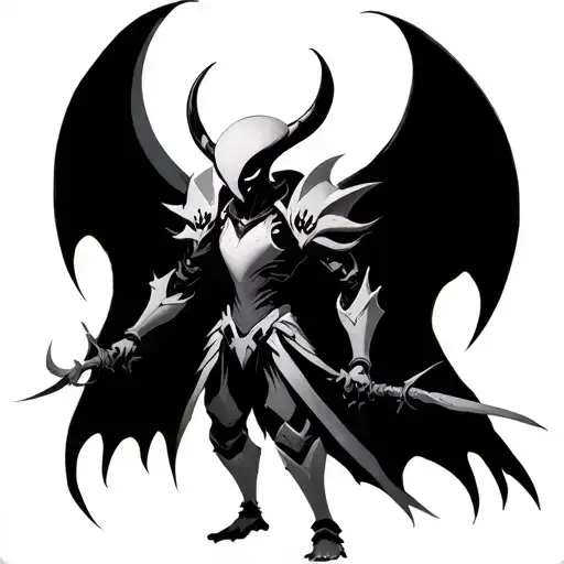 Epic Hollow Knight adventure scene, dynamic pose, detailed armor, glowing energy, gothic environment, deep shadows, high tattoo design idea